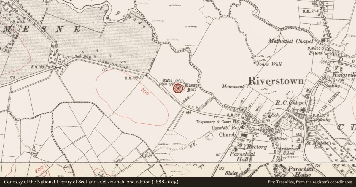 Ordnance Survey six-inch map, 2nd edition (1888–1915) covering the location of Ringfort - rath, Cooperhill, County Sligo, with a pin at the register's coordinates