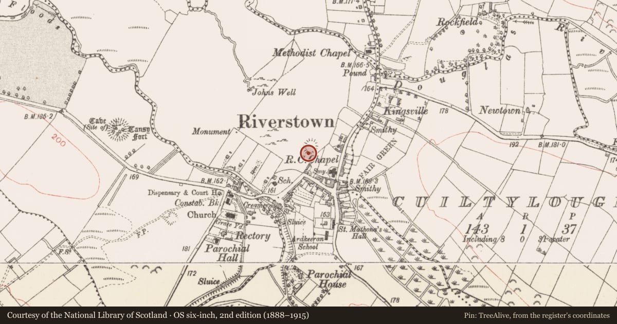 Ordnance Survey six-inch map, 2nd edition (1888–1915) covering the location of Ringfort - rath, Ardkeeran, County Sligo, with a pin at the register's coordinates