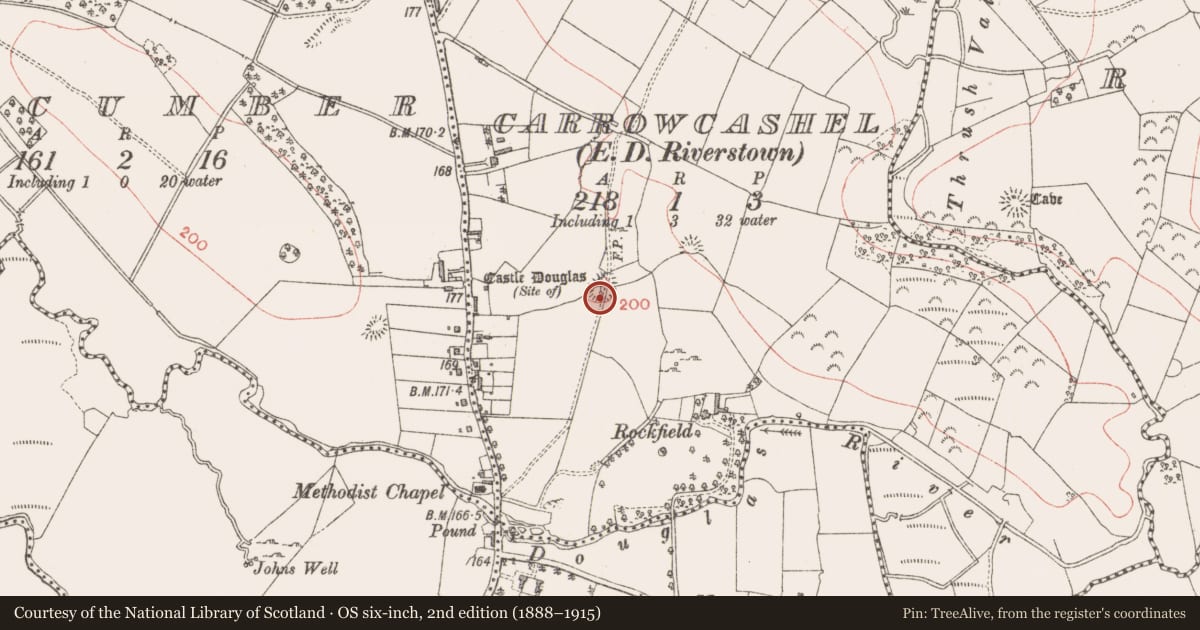 Ordnance Survey six-inch map, 2nd edition (1888–1915) covering the location of Castle - unclassified, Carrowcashel, County Sligo, with a pin at the register's coordinates