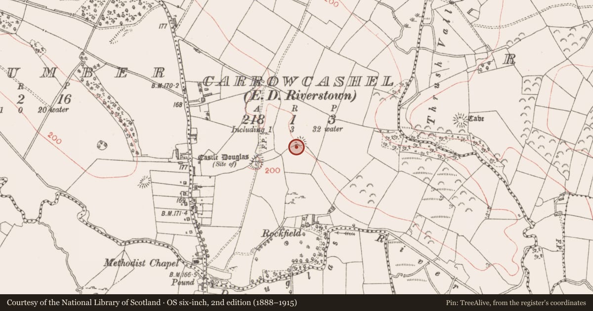 Ordnance Survey six-inch map, 2nd edition (1888–1915) covering the location of Ringfort - rath, Carrowcashel, County Sligo, with a pin at the register's coordinates