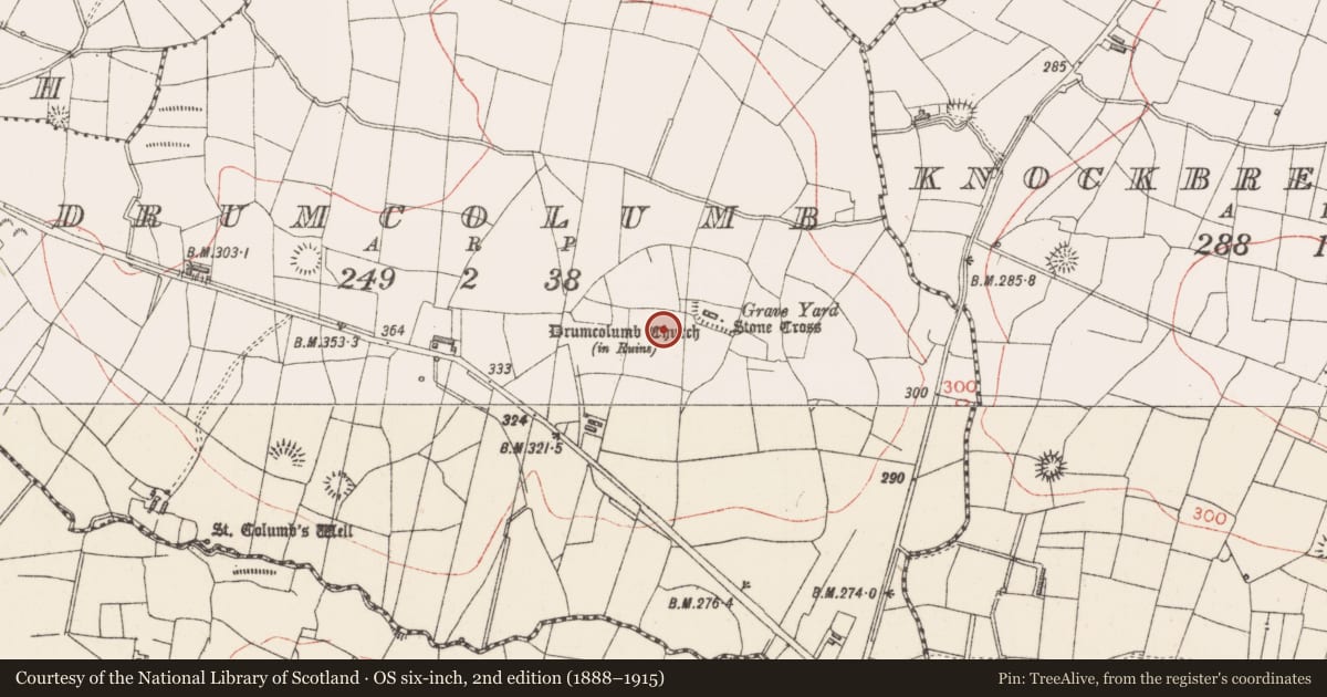 Ordnance Survey six-inch map, 2nd edition (1888–1915) covering the location of Ecclesiastical enclosure, Drumcolumb, County Sligo, with a pin at the register's coordinates
