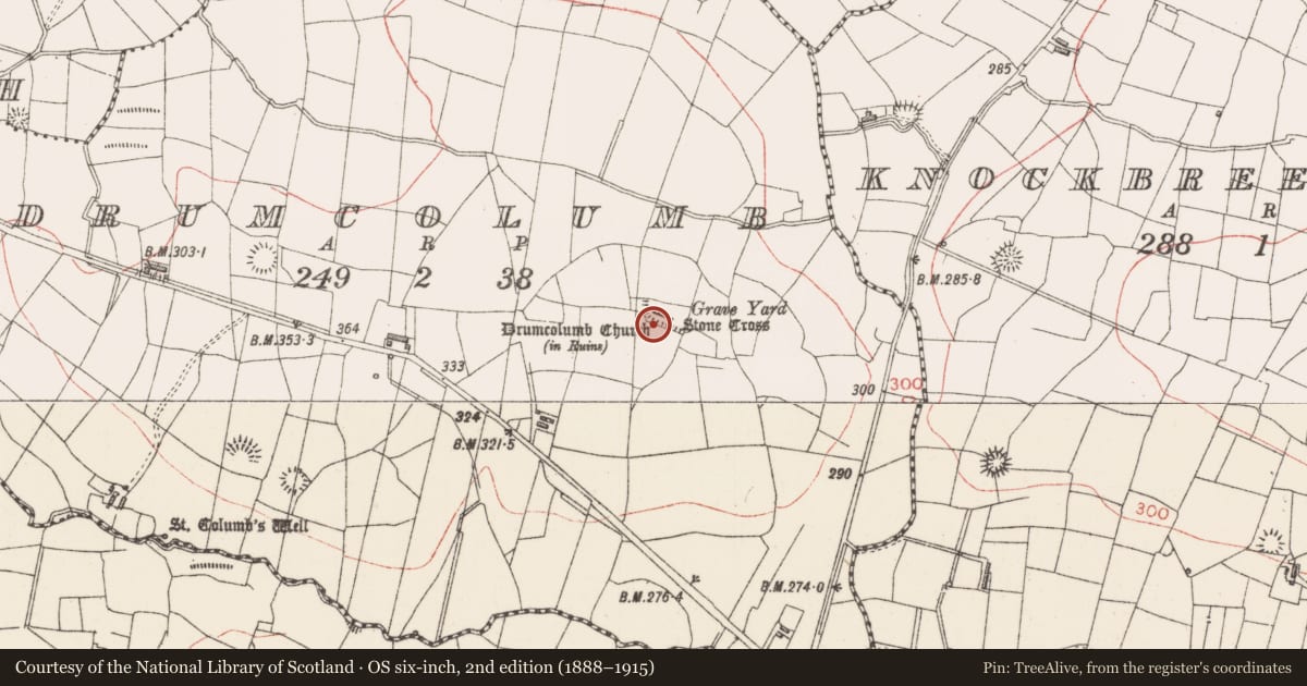 Ordnance Survey six-inch map, 2nd edition (1888–1915) covering the location of Church, Drumcolumb, County Sligo, with a pin at the register's coordinates