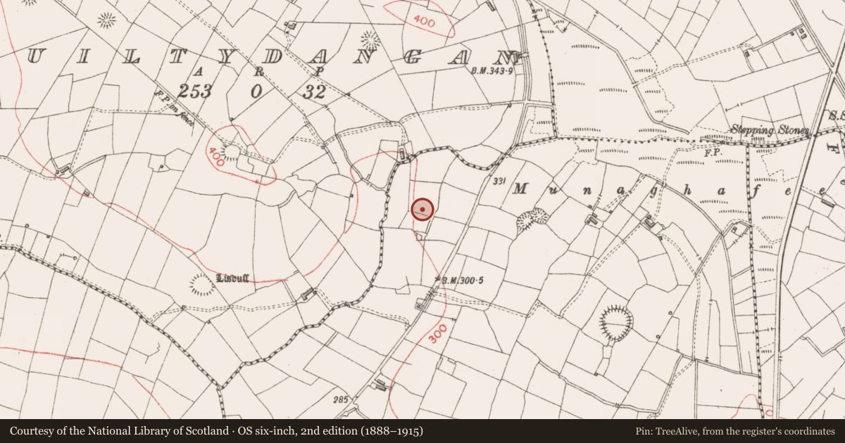 Ordnance Survey six-inch map, 2nd edition (1888–1915) covering the location of Ringfort - rath, Knockbreenagher, County Sligo, with a pin at the register's coordinates