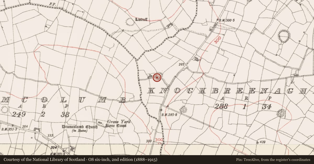 Ordnance Survey six-inch map, 2nd edition (1888–1915) covering the location of Cliff-edge fort, Knockbreenagher, County Sligo, with a pin at the register's coordinates