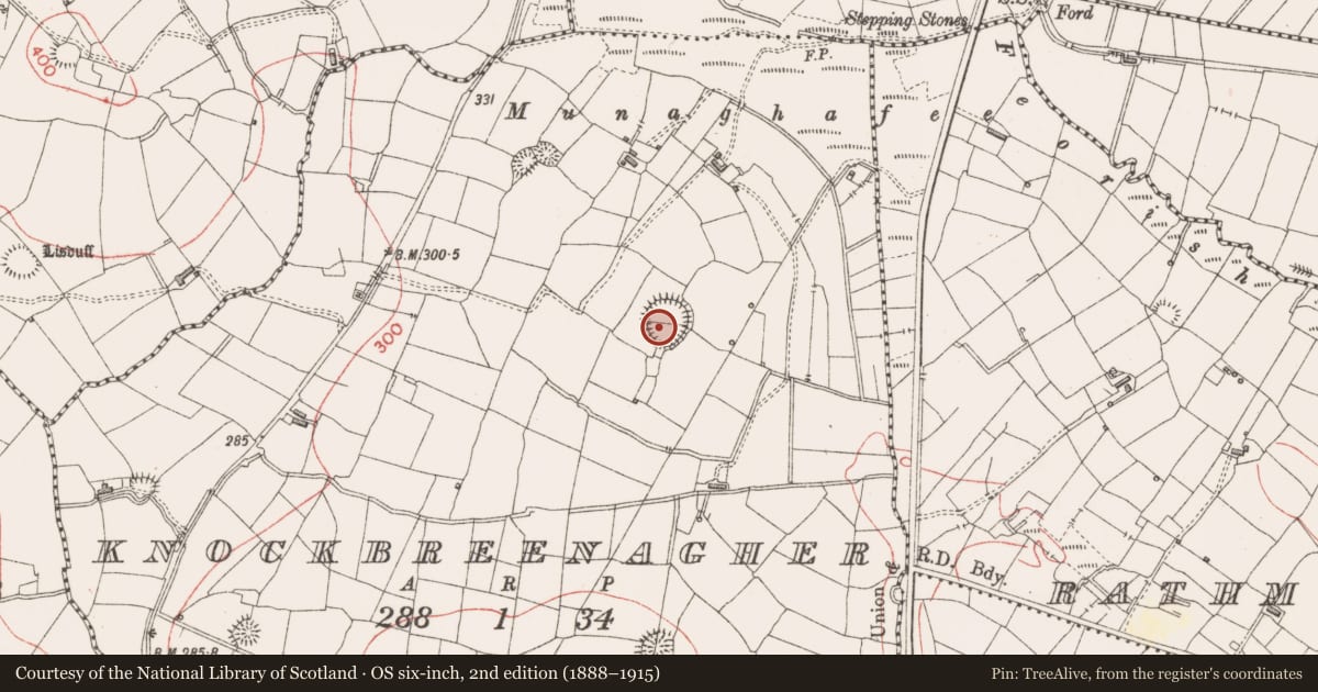 Ordnance Survey six-inch map, 2nd edition (1888–1915) covering the location of Ringfort - rath, Knockbreenagher, County Sligo, with a pin at the register's coordinates