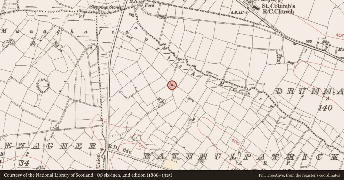 Ordnance Survey six-inch map, 2nd edition (1888–1915) covering the location of Ringfort - rath, Rathmulpatrick, County Sligo, with a pin at the register's coordinates