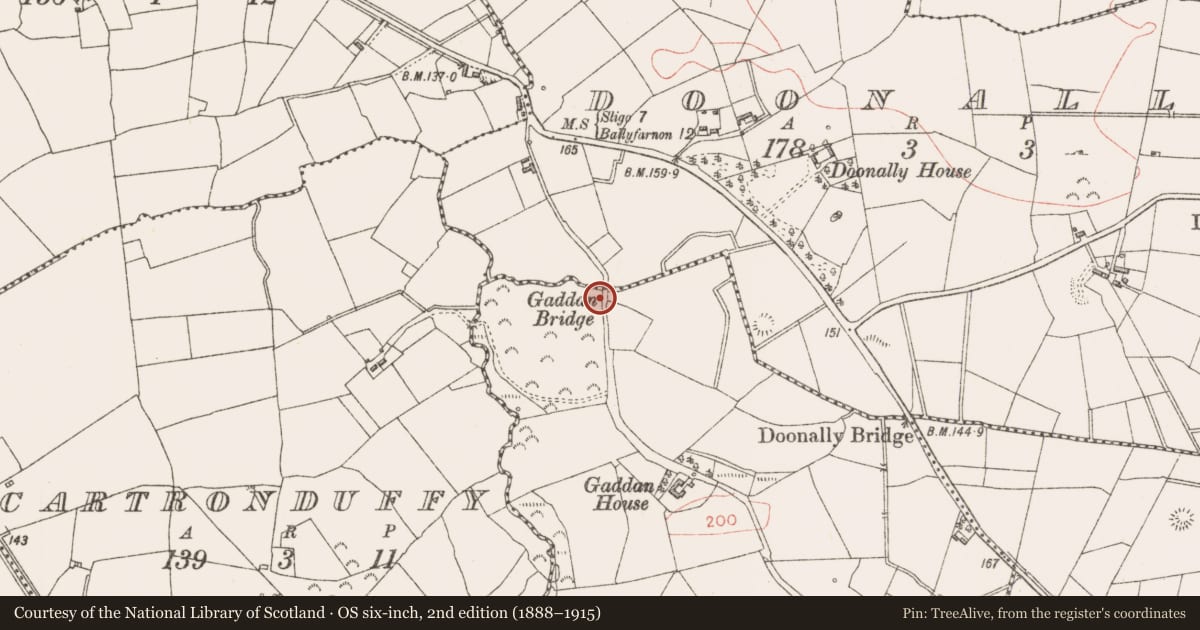 Ordnance Survey six-inch map, 2nd edition (1888–1915) covering the location of Bridge, Gaddan, County Sligo, with a pin at the register's coordinates