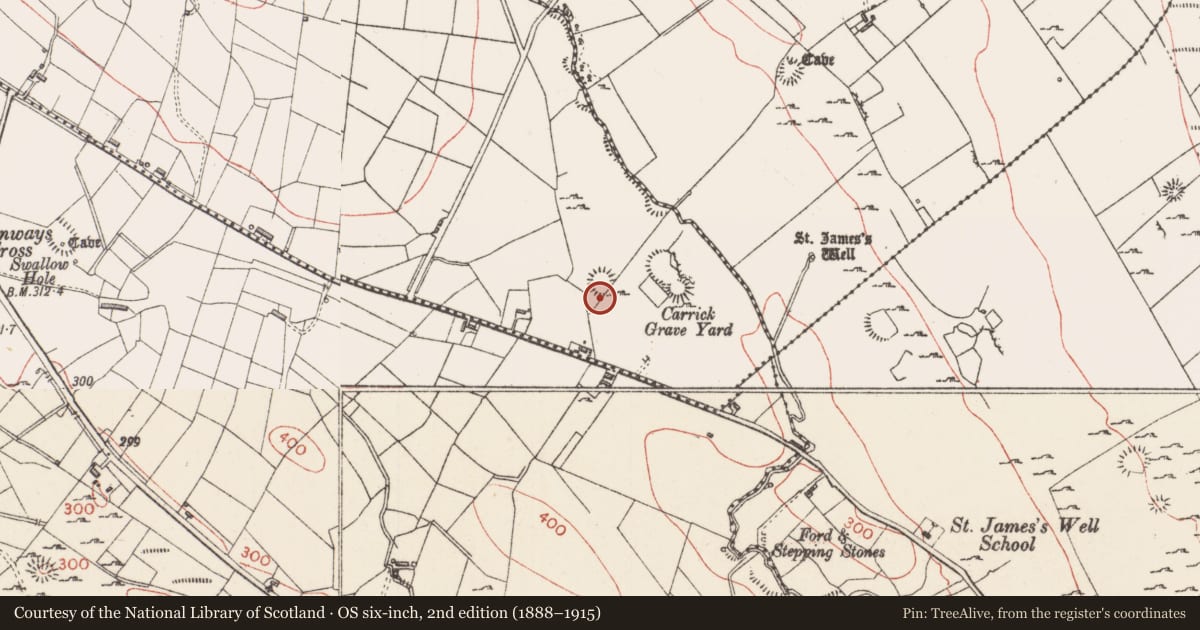 Ordnance Survey six-inch map, 2nd edition (1888–1915) covering the location of Ringfort - rath, Carrownagilty, County Sligo, with a pin at the register's coordinates