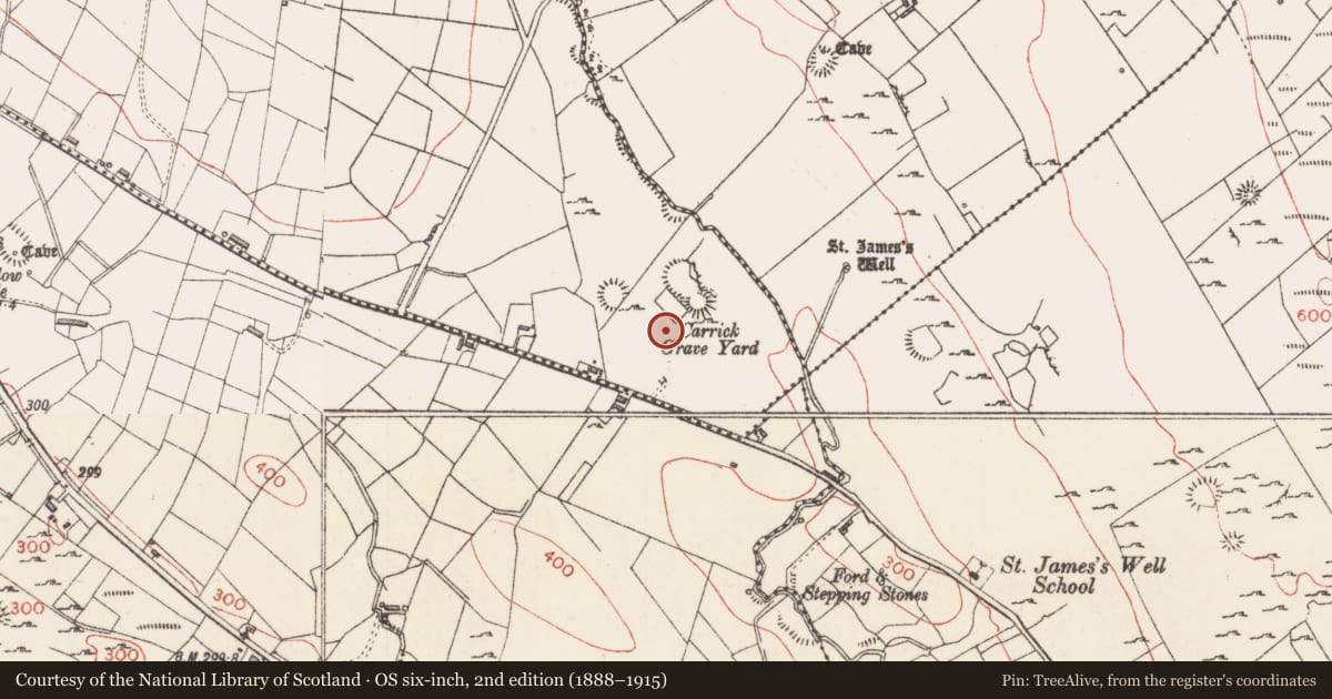 Ordnance Survey six-inch map, 2nd edition (1888–1915) covering the location of Graveyard, Carrownagilty, County Sligo, with a pin at the register's coordinates