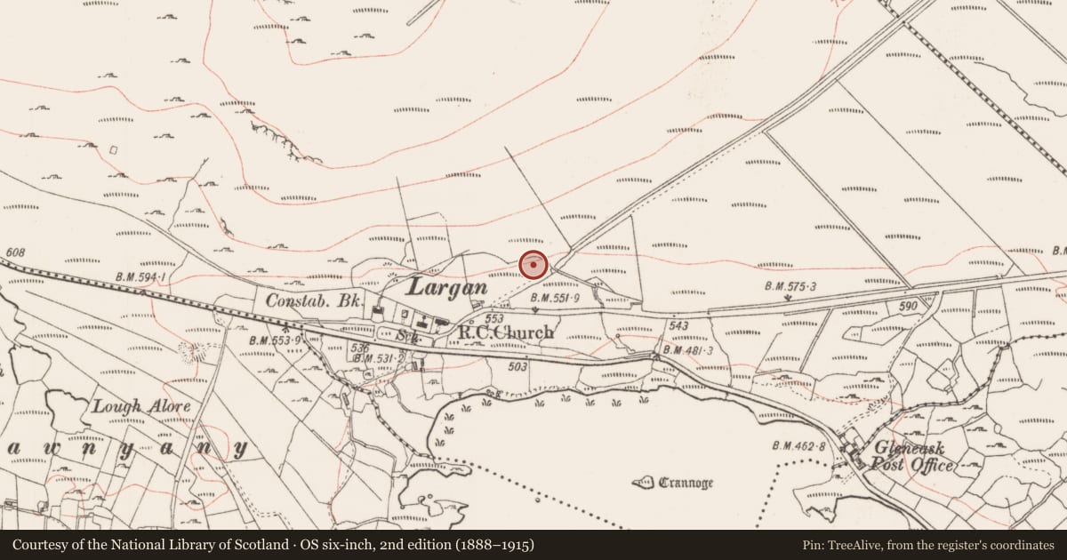 Ordnance Survey six-inch map, 2nd edition (1888–1915) covering the location of Enclosure, Largan, County Sligo, with a pin at the register's coordinates
