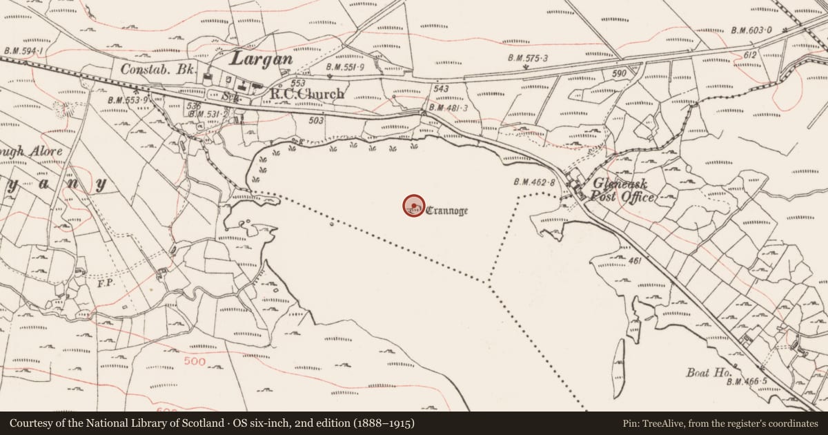 Ordnance Survey six-inch map, 2nd edition (1888–1915) covering the location of Crannog, Largan, County Sligo, with a pin at the register's coordinates
