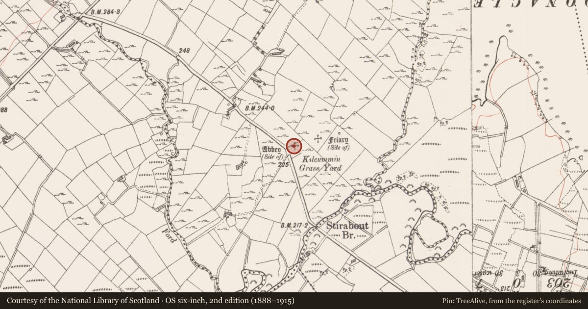 Ordnance Survey six-inch map, 2nd edition (1888–1915) covering the location of Church, Kilcummin, County Sligo, with a pin at the register's coordinates