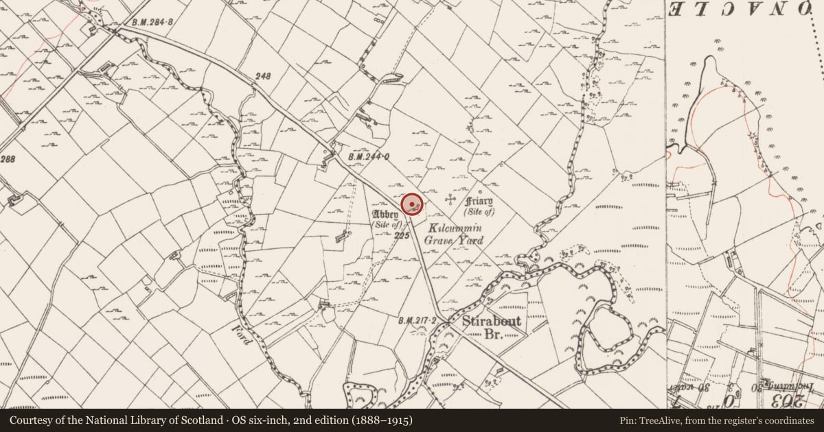 Ordnance Survey six-inch map, 2nd edition (1888–1915) covering the location of Ecclesiastical enclosure, Kilcummin, County Sligo, with a pin at the register's coordinates