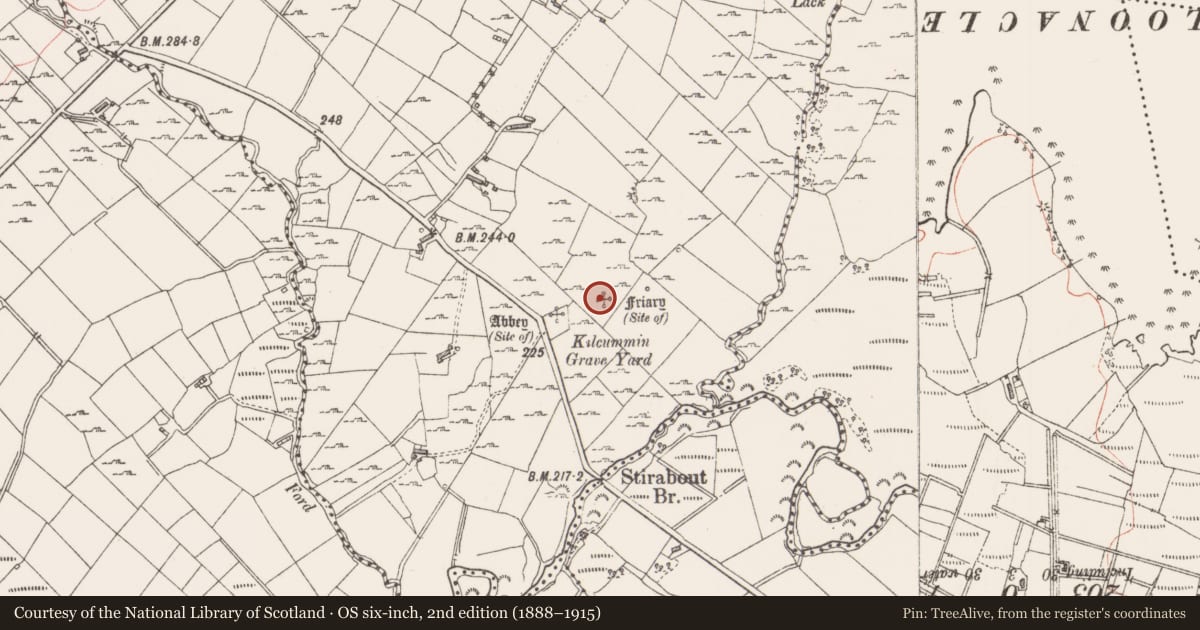 Ordnance Survey six-inch map, 2nd edition (1888–1915) covering the location of Religious house - Franciscan Third Order Regular, Kilcummin, County Sligo, with a pin at the register's coordinates