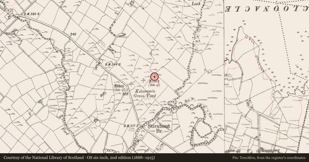 Ordnance Survey six-inch map, 2nd edition (1888–1915) covering the location of Bullaun stone, Kilcummin, County Sligo, with a pin at the register's coordinates