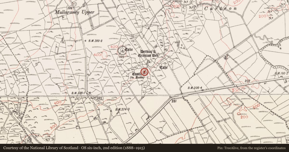 Ordnance Survey six-inch map, 2nd edition (1888–1915) covering the location of Castle - unclassified, Castlerock Or Castlecarragh, County Sligo, with a pin at the register's coordinates