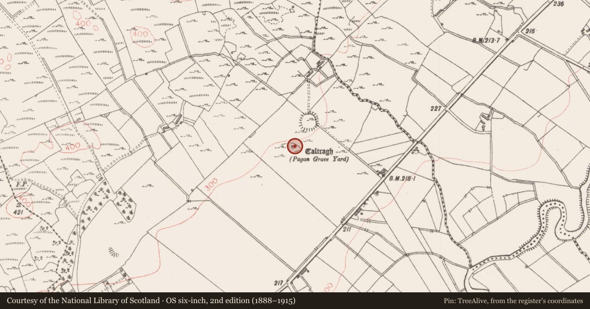 Ordnance Survey six-inch map, 2nd edition (1888–1915) covering the location of Children's burial ground, Sessuegarry, County Sligo, with a pin at the register's coordinates