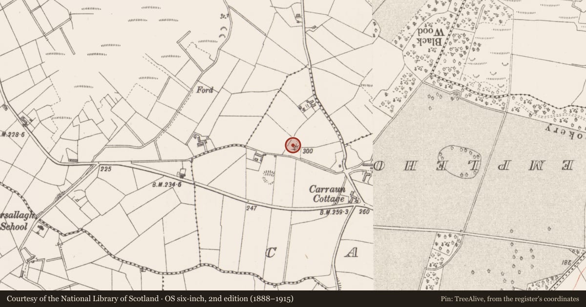 Ordnance Survey six-inch map, 2nd edition (1888–1915) covering the location of Barrow - bowl-barrow, Carraun, County Sligo, with a pin at the register's coordinates