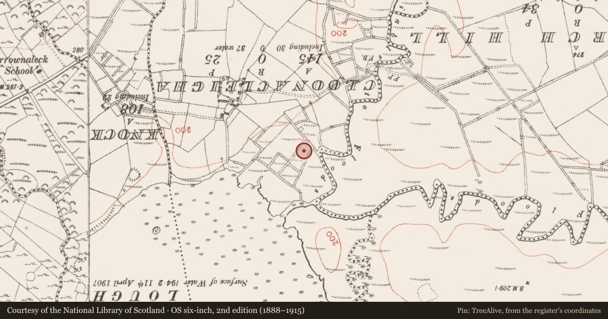 Ordnance Survey six-inch map, 2nd edition (1888–1915) covering the location of Ringfort - rath, Carrownaleck, County Sligo, with a pin at the register's coordinates