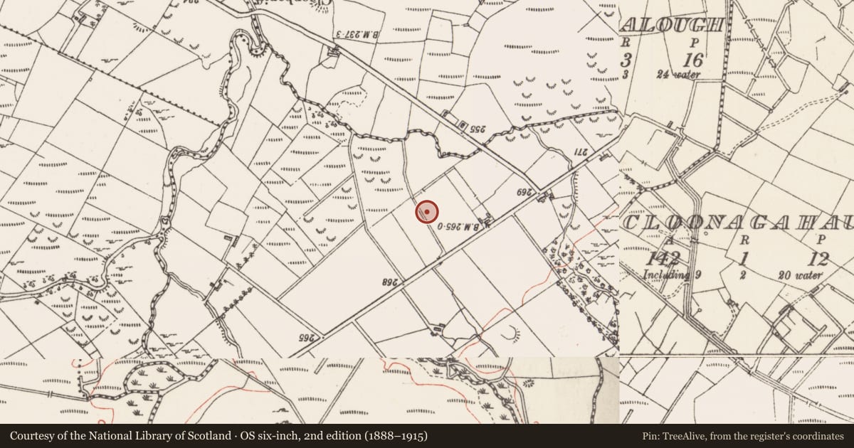 Ordnance Survey six-inch map, 2nd edition (1888–1915) covering the location of Barrow - bowl-barrow, Cloonacleigha, County Sligo, with a pin at the register's coordinates