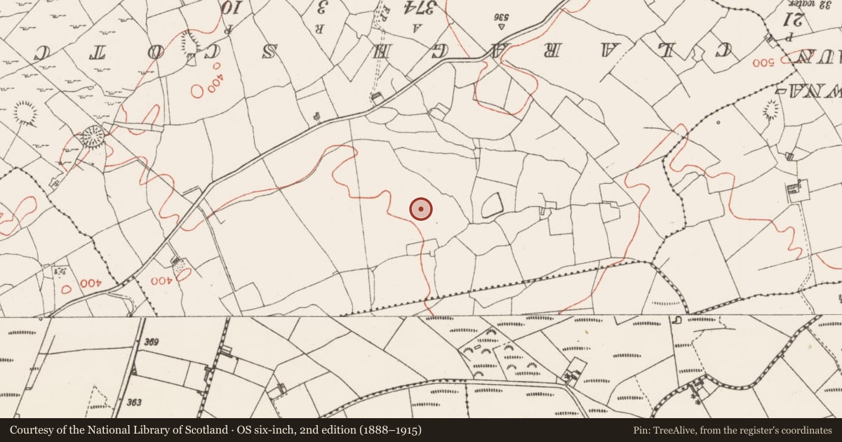 Ordnance Survey six-inch map, 2nd edition (1888–1915) covering the location of Souterrain, Toberscardan, County Sligo, with a pin at the register's coordinates