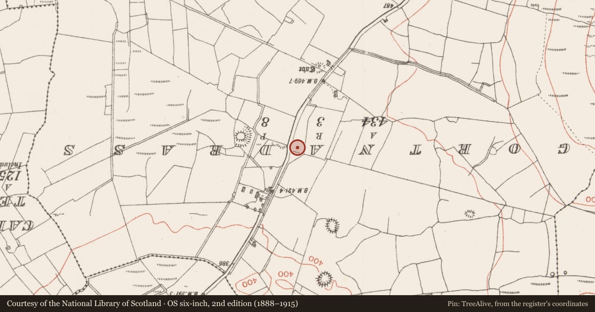 Ordnance Survey six-inch map, 2nd edition (1888–1915) covering the location of Barrow - ring-barrow, Achonry, County Sligo, with a pin at the register's coordinates