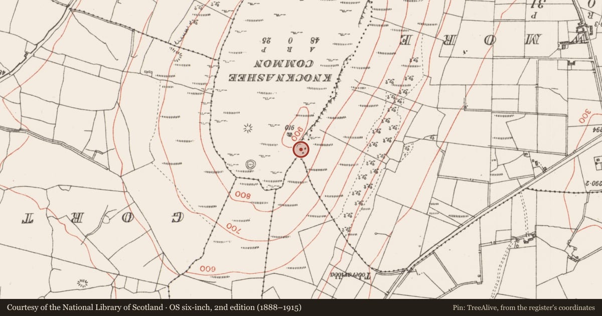 Ordnance Survey six-inch map, 2nd edition (1888–1915) covering the location of Graveyard, Achonry, County Sligo, with a pin at the register's coordinates