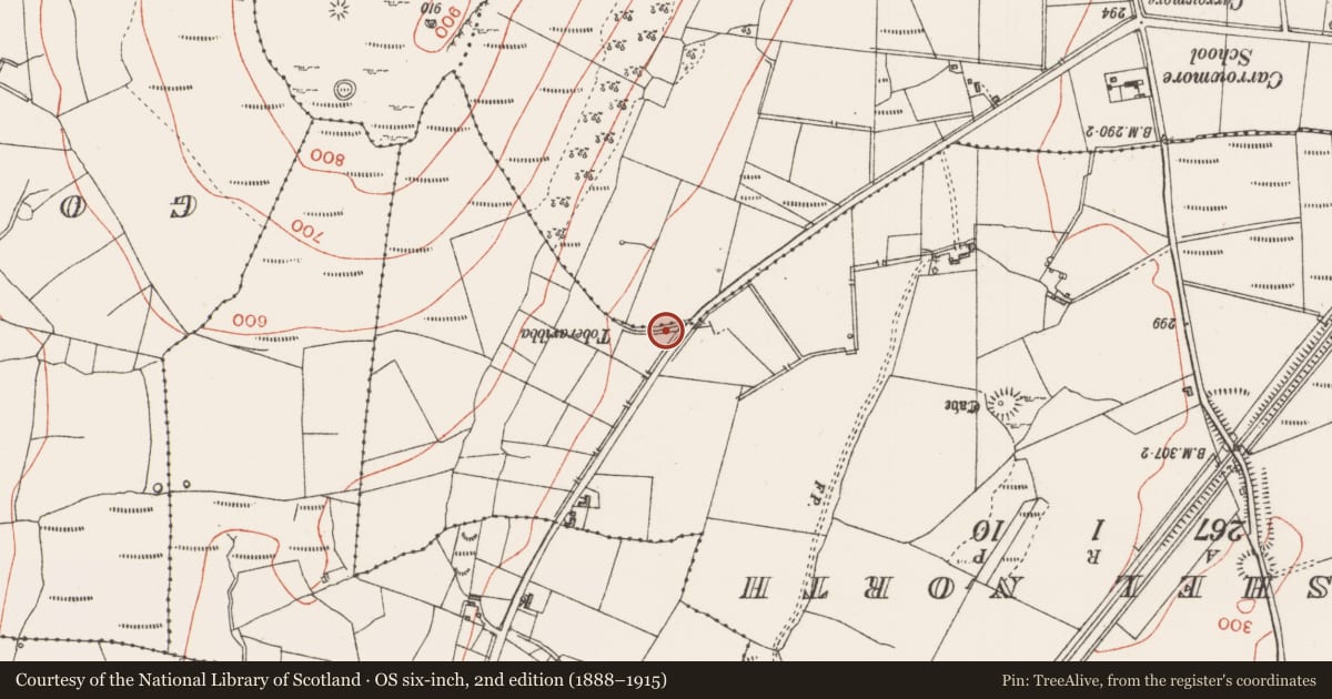 Ordnance Survey six-inch map, 2nd edition (1888–1915) covering the location of Road - road/trackway, Achonry, County Sligo, with a pin at the register's coordinates
