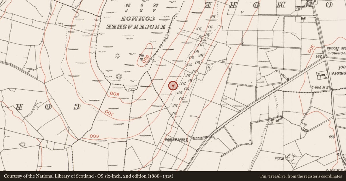 Ordnance Survey six-inch map, 2nd edition (1888–1915) covering the location of Ritual site - holy well, Achonry, County Sligo, with a pin at the register's coordinates