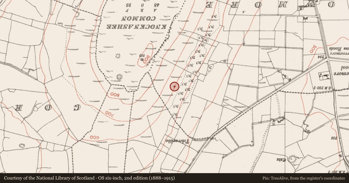 Ordnance Survey six-inch map, 2nd edition (1888–1915) covering the location of Penitential station, Achonry, County Sligo, with a pin at the register's coordinates