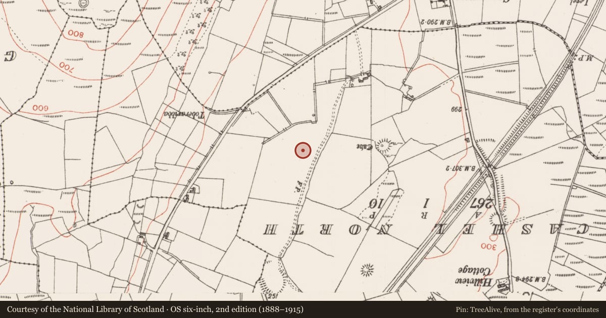 Ordnance Survey six-inch map, 2nd edition (1888–1915) covering the location of Boulder-burial, Achonry, County Sligo, with a pin at the register's coordinates
