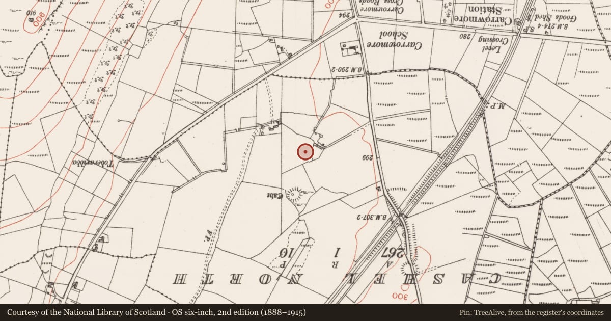 Ordnance Survey six-inch map, 2nd edition (1888–1915) covering the location of Enclosure, Achonry, County Sligo, with a pin at the register's coordinates