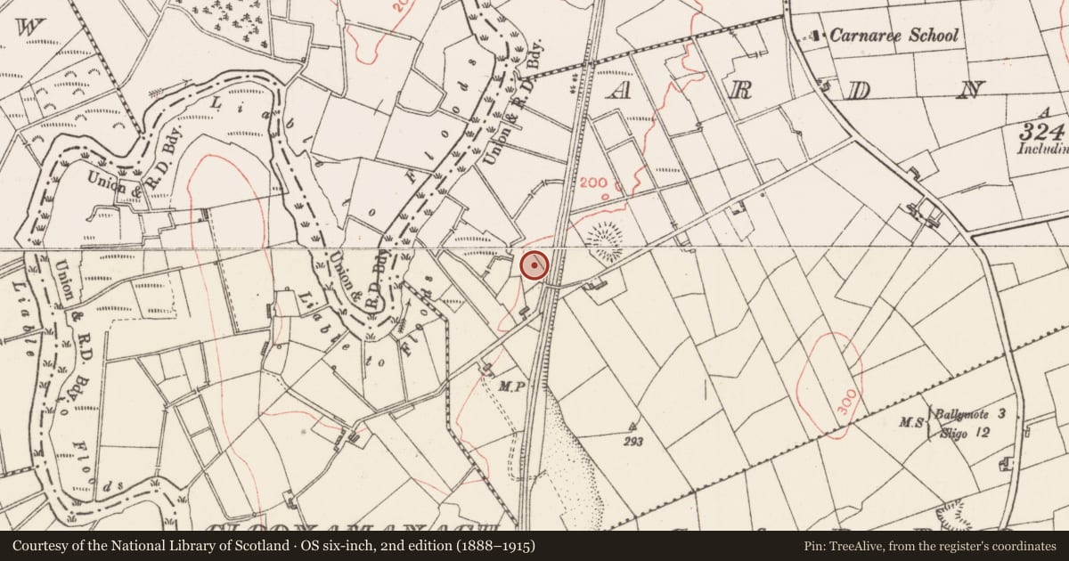 Ordnance Survey six-inch map, 2nd edition (1888–1915) covering the location of Mound, Ardnaglass, County Sligo, with a pin at the register's coordinates