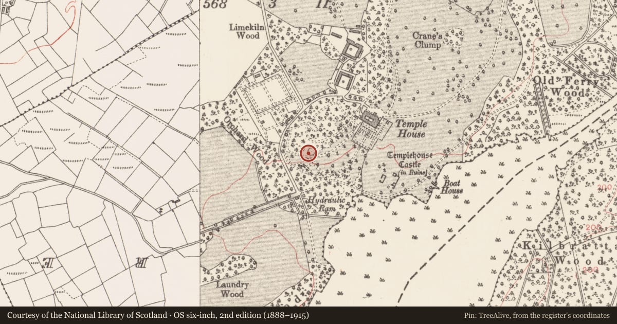 Ordnance Survey six-inch map, 2nd edition (1888–1915) covering the location of Designed landscape - summer house, Templehouse Demesne, County Sligo, with a pin at the register's coordinates