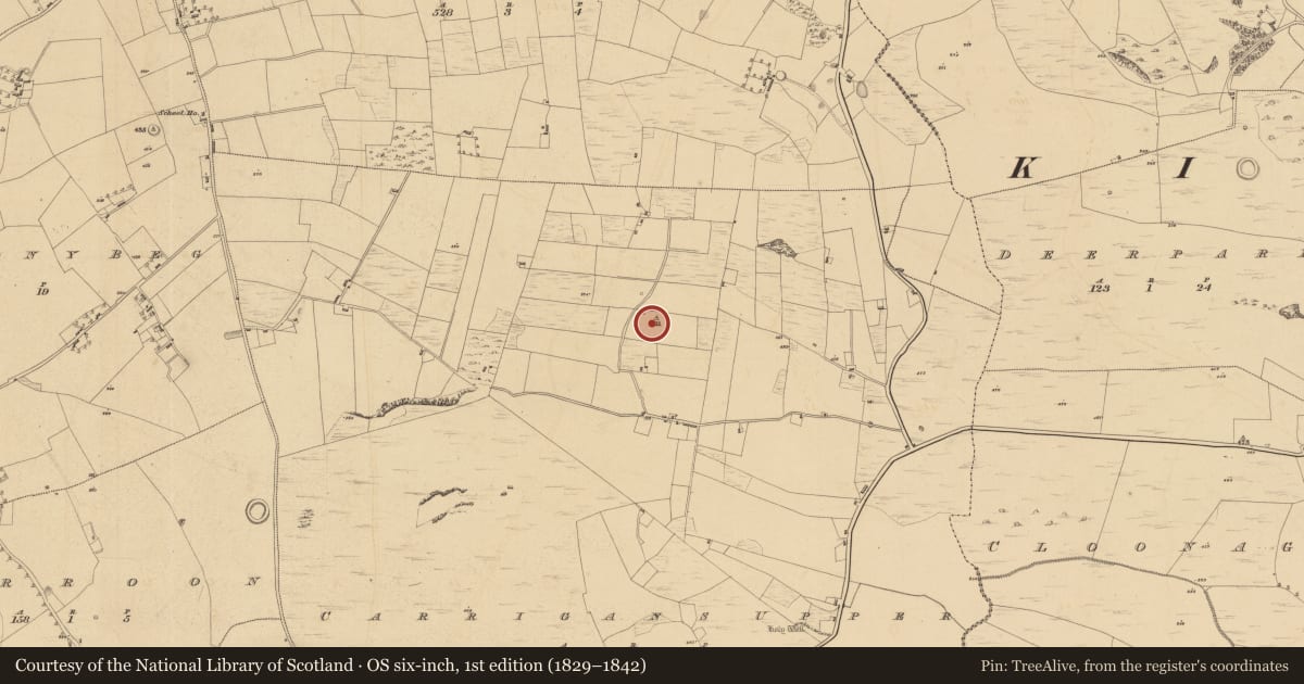 Ordnance Survey six-inch map, 1st edition (1829–1842) covering the location of Cairn - unclassified, Carrigans Upper, County Sligo, with a pin at the register's coordinates