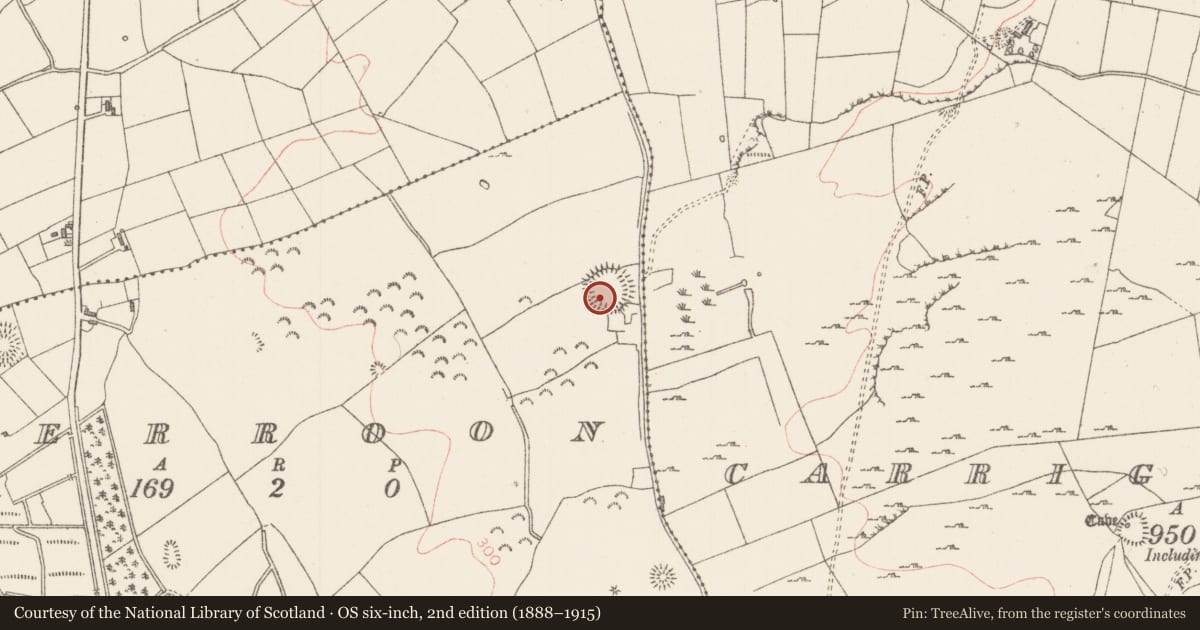 Ordnance Survey six-inch map, 2nd edition (1888–1915) covering the location of Barrow - bowl-barrow, Derroon, County Sligo, with a pin at the register's coordinates