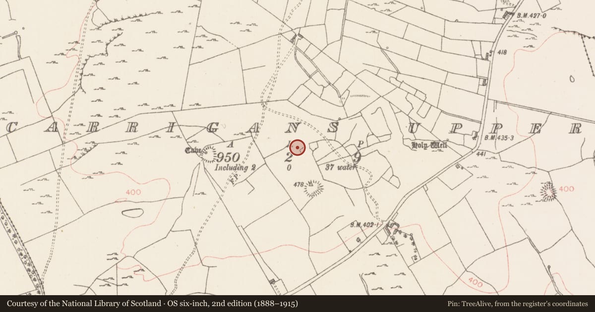 Ordnance Survey six-inch map, 2nd edition (1888–1915) covering the location of House - indeterminate date, Carrigans Upper, County Sligo, with a pin at the register's coordinates