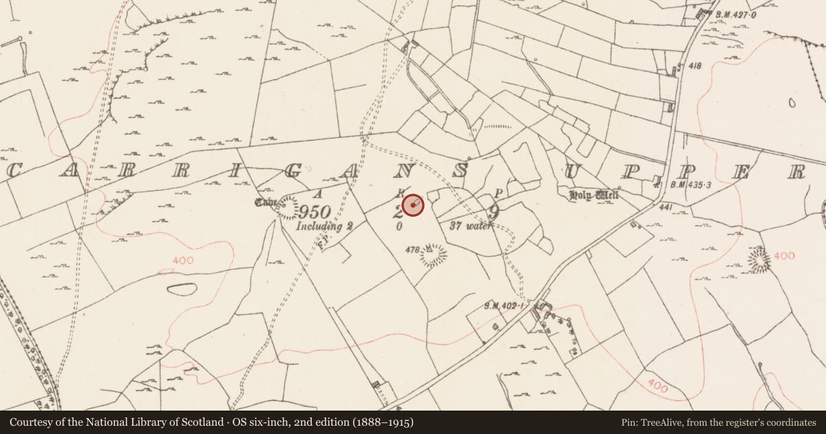 Ordnance Survey six-inch map, 2nd edition (1888–1915) covering the location of Enclosure, Carrigans Upper, County Sligo, with a pin at the register's coordinates