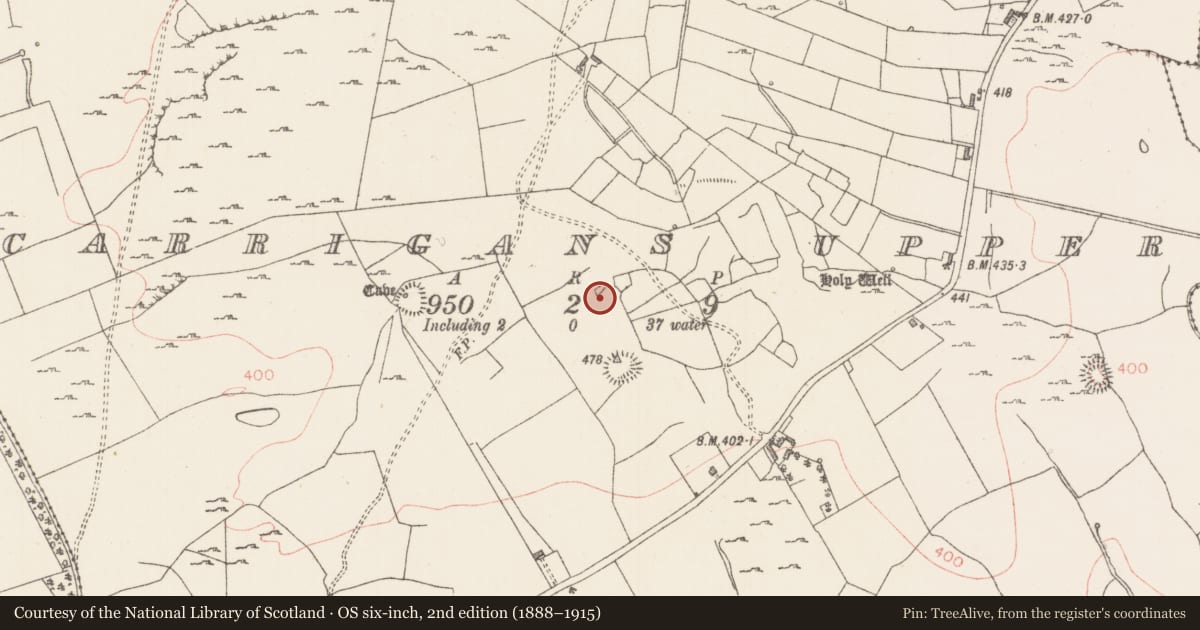 Ordnance Survey six-inch map, 2nd edition (1888–1915) covering the location of House - indeterminate date, Carrigans Upper, County Sligo, with a pin at the register's coordinates