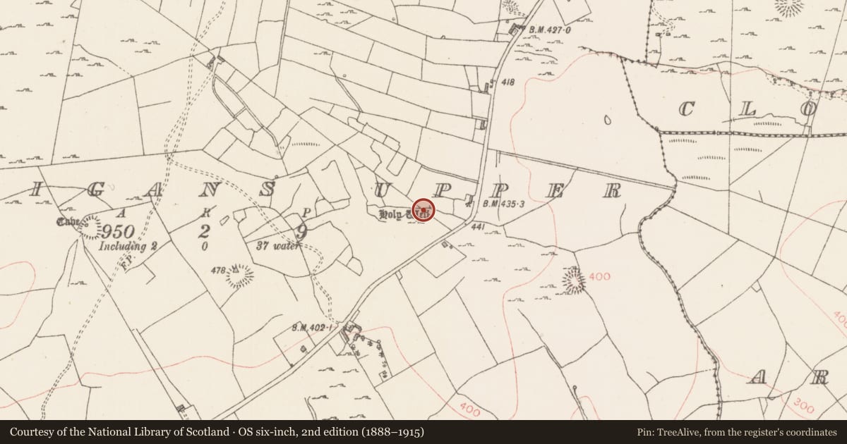 Ordnance Survey six-inch map, 2nd edition (1888–1915) covering the location of Ritual site - holy well, Carrigans Upper, County Sligo, with a pin at the register's coordinates