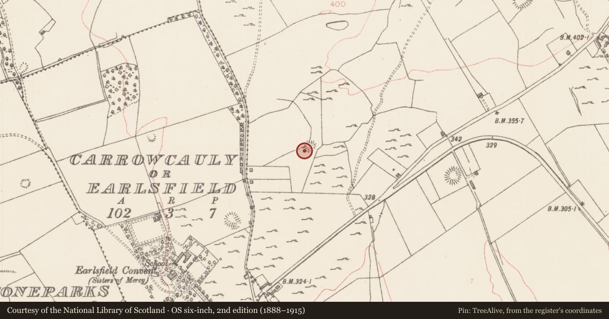 Ordnance Survey six-inch map, 2nd edition (1888–1915) covering the location of Ringfort - rath, Carrigans Upper, County Sligo, with a pin at the register's coordinates