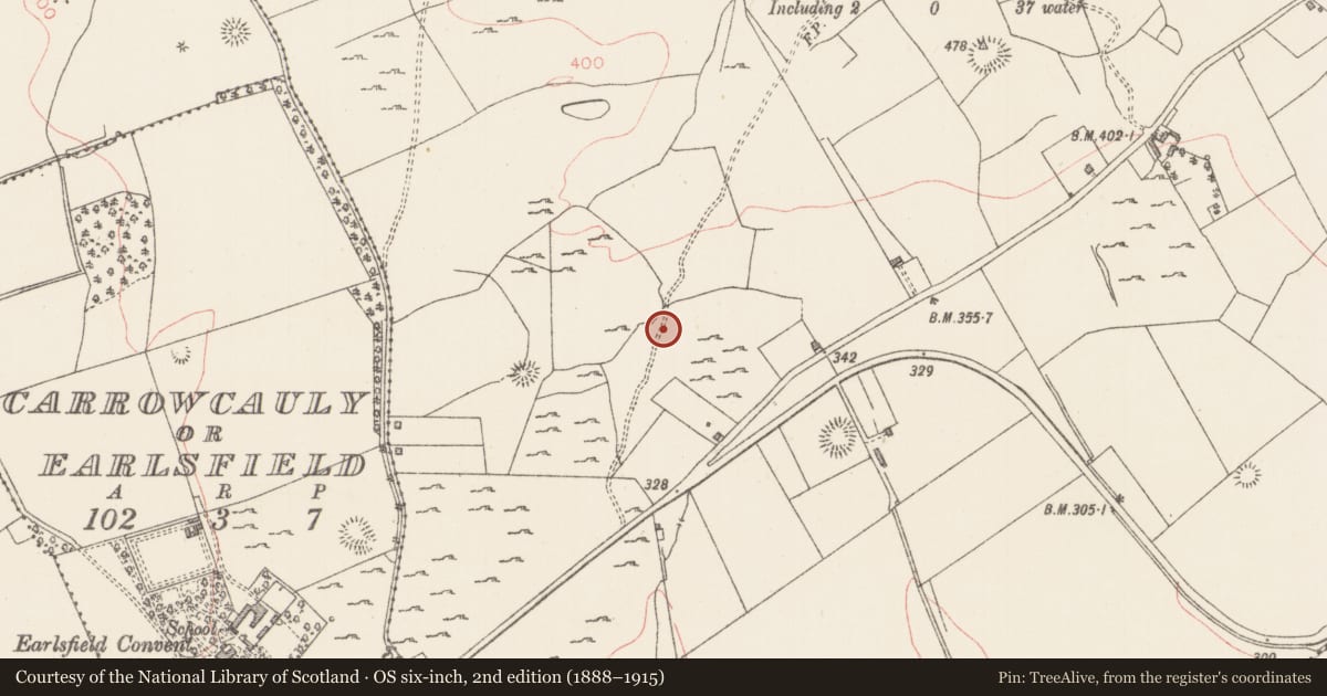 Ordnance Survey six-inch map, 2nd edition (1888–1915) covering the location of Souterrain, Carrigans Upper, County Sligo, with a pin at the register's coordinates