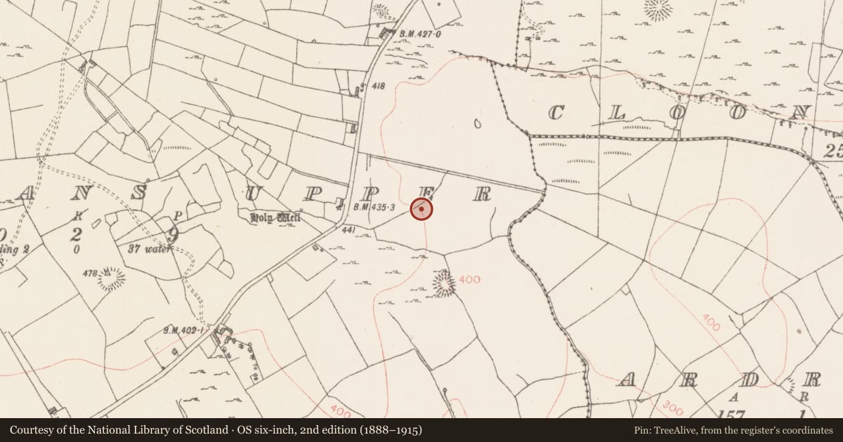 Ordnance Survey six-inch map, 2nd edition (1888–1915) covering the location of Enclosure, Carrigans Upper, County Sligo, with a pin at the register's coordinates
