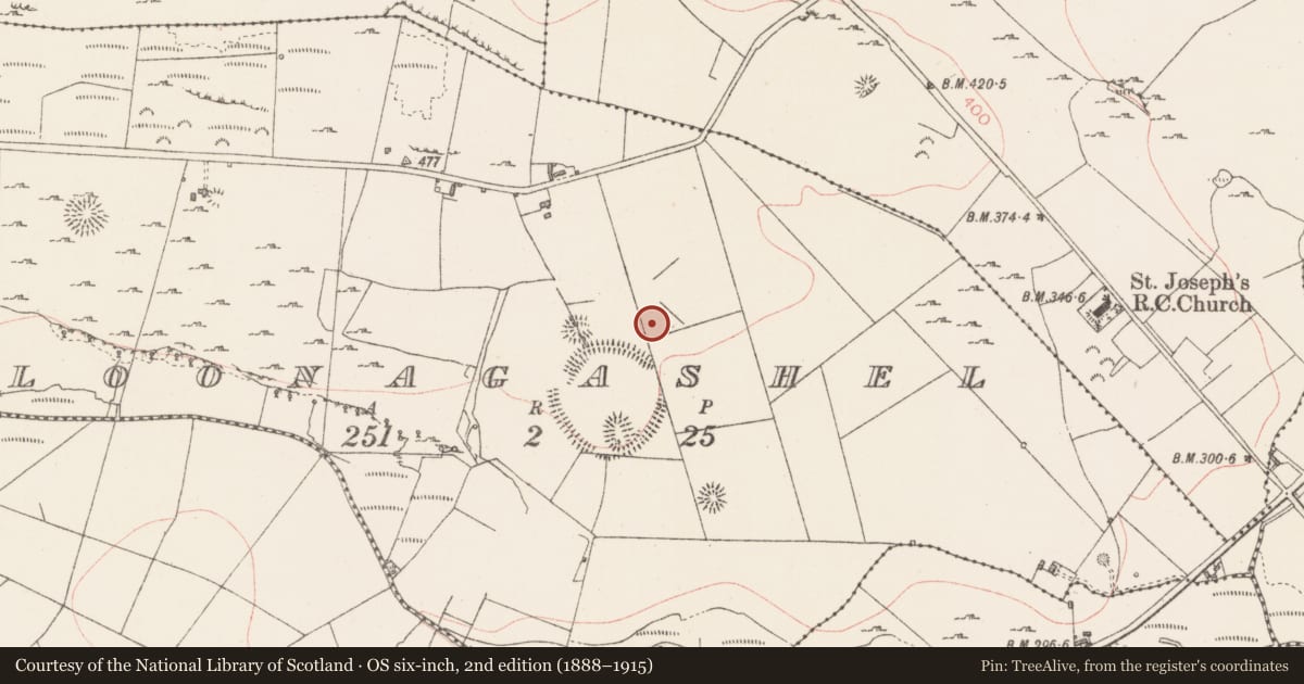 Ordnance Survey six-inch map, 2nd edition (1888–1915) covering the location of Enclosure, Cloonagashel, County Sligo, with a pin at the register's coordinates