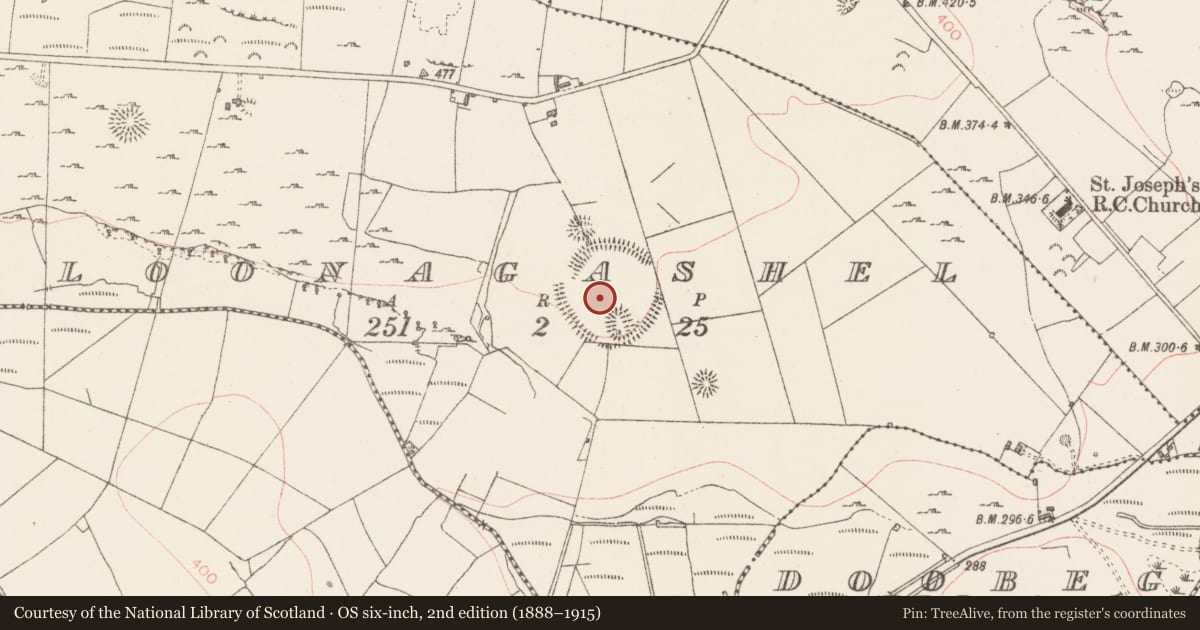 Ordnance Survey six-inch map, 2nd edition (1888–1915) covering the location of Enclosure - large enclosure, Cloonagashel, County Sligo, with a pin at the register's coordinates