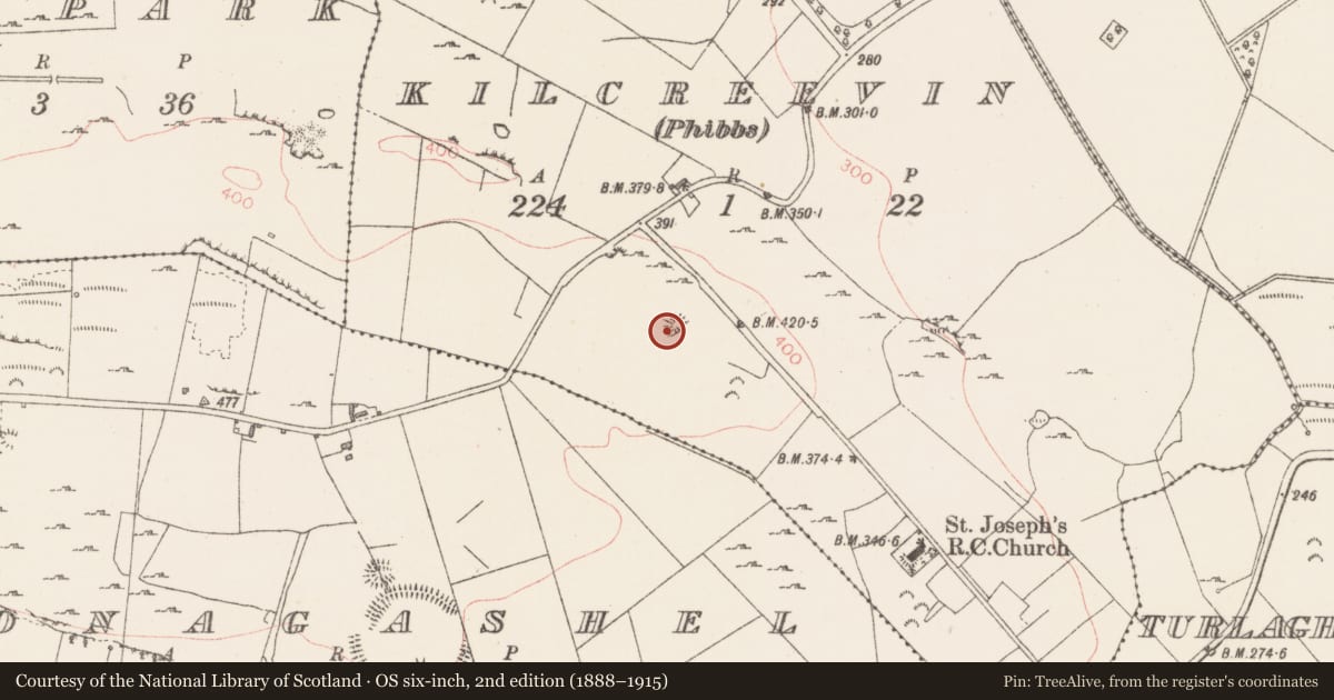 Ordnance Survey six-inch map, 2nd edition (1888–1915) covering the location of Barrow - ring-barrow, Kilcreevin, County Sligo, with a pin at the register's coordinates