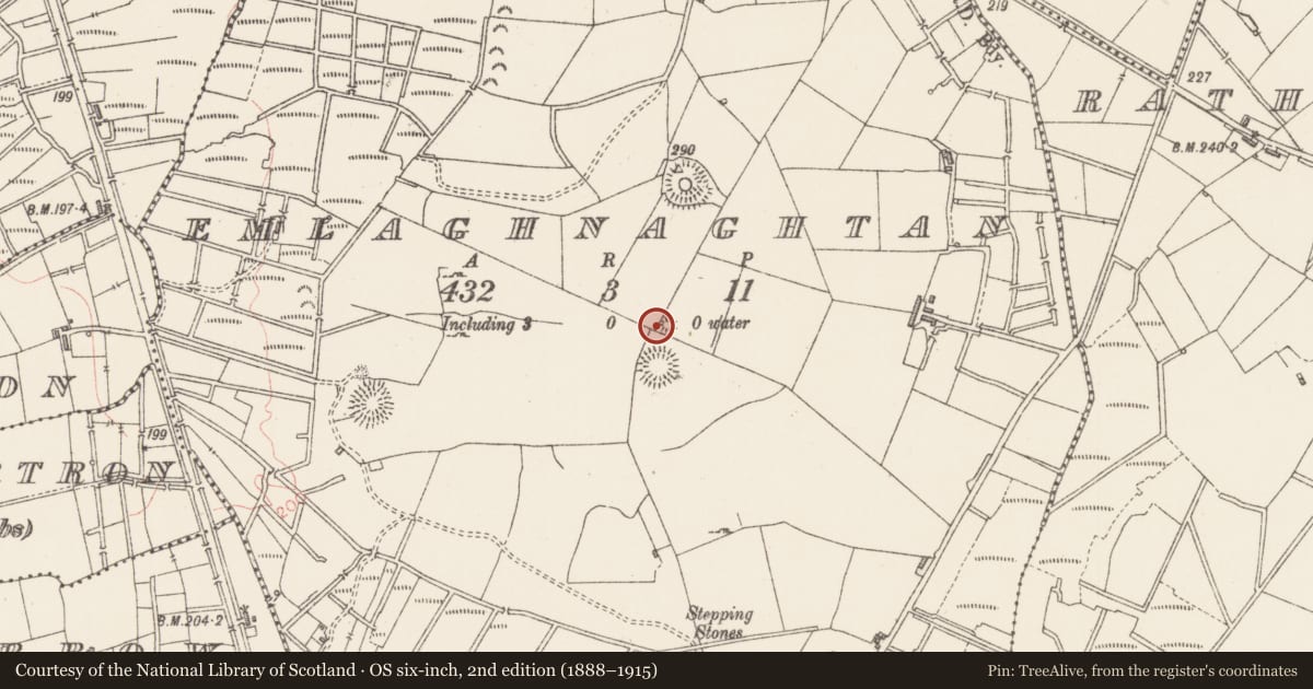 Ordnance Survey six-inch map, 2nd edition (1888–1915) covering the location of Enclosure, Emlaghnaghtan, County Sligo, with a pin at the register's coordinates