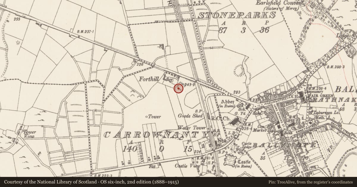 Ordnance Survey six-inch map, 2nd edition (1888–1915) covering the location of Ringfort - rath, Carrownanty, County Sligo, with a pin at the register's coordinates