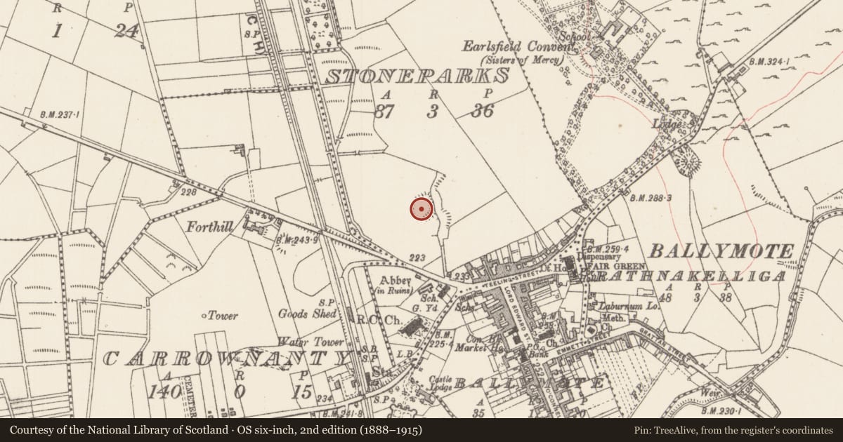 Ordnance Survey six-inch map, 2nd edition (1888–1915) covering the location of Ringfort - rath, Stoneparks, County Sligo, with a pin at the register's coordinates