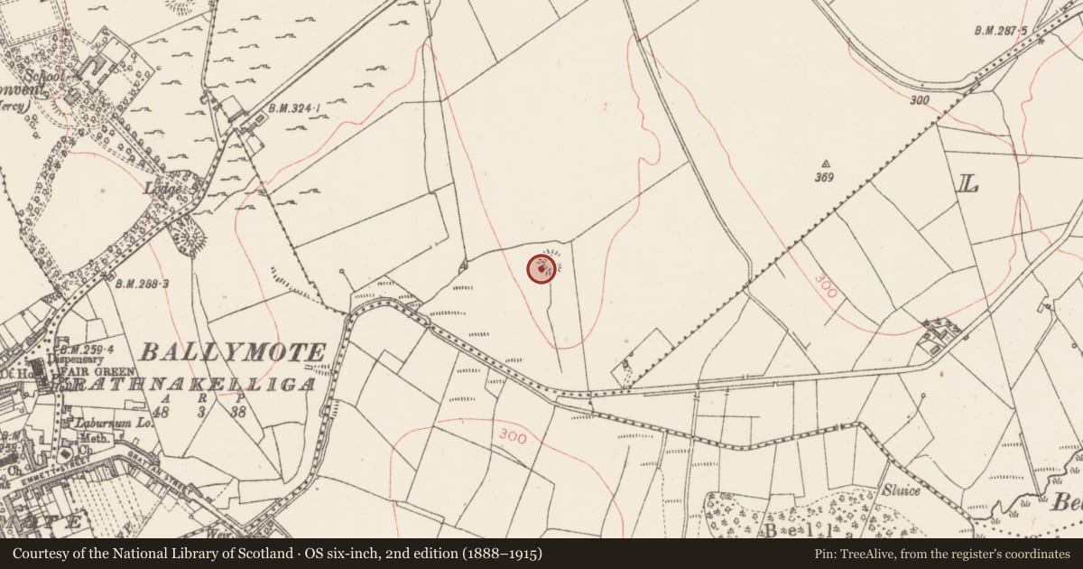 Ordnance Survey six-inch map, 2nd edition (1888–1915) covering the location of Ringfort - rath, Carrigans Upper, County Sligo, with a pin at the register's coordinates